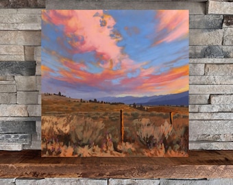 May include: A painting depicting a sunset over a field, with a wooden fence post in the foreground. The sky is a vibrant pink and orange, with clouds resembling cotton candy. The field is a muted green and brown, with a few trees in the distance.