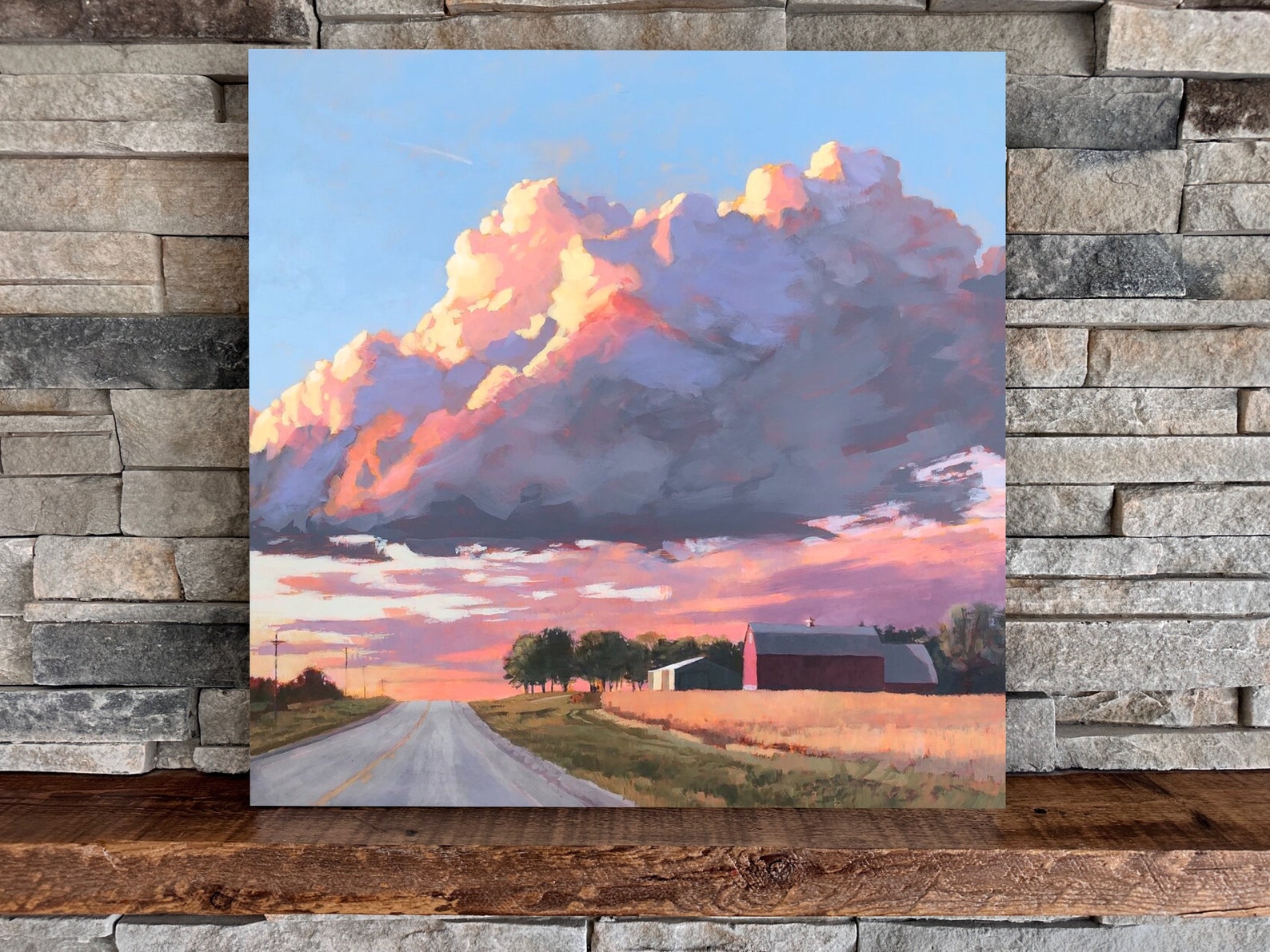 Stanton Barn Square Landscape Mounted Print, Cloudy Skies Colorful