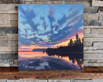Lakeshore | Square Landscape Mounted Print, Minnesota Lake Colorful Landscape Painting | Jim Musil Painter