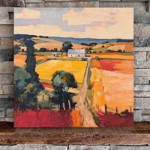 Patchwork Fields | Square Landscape Mounted Print, Farmland View Colorful Landscape Painting | Jim Musil Painter