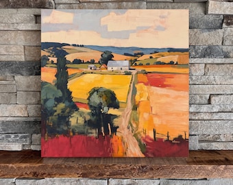 Patchwork Fields | Square Landscape Mounted Print, Farmland View Colorful Landscape Painting | Jim Musil Painter