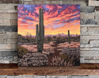 Sonoran Desert | Square Landscape Mounted Print, Desert Sky Colorful Landscape Painting