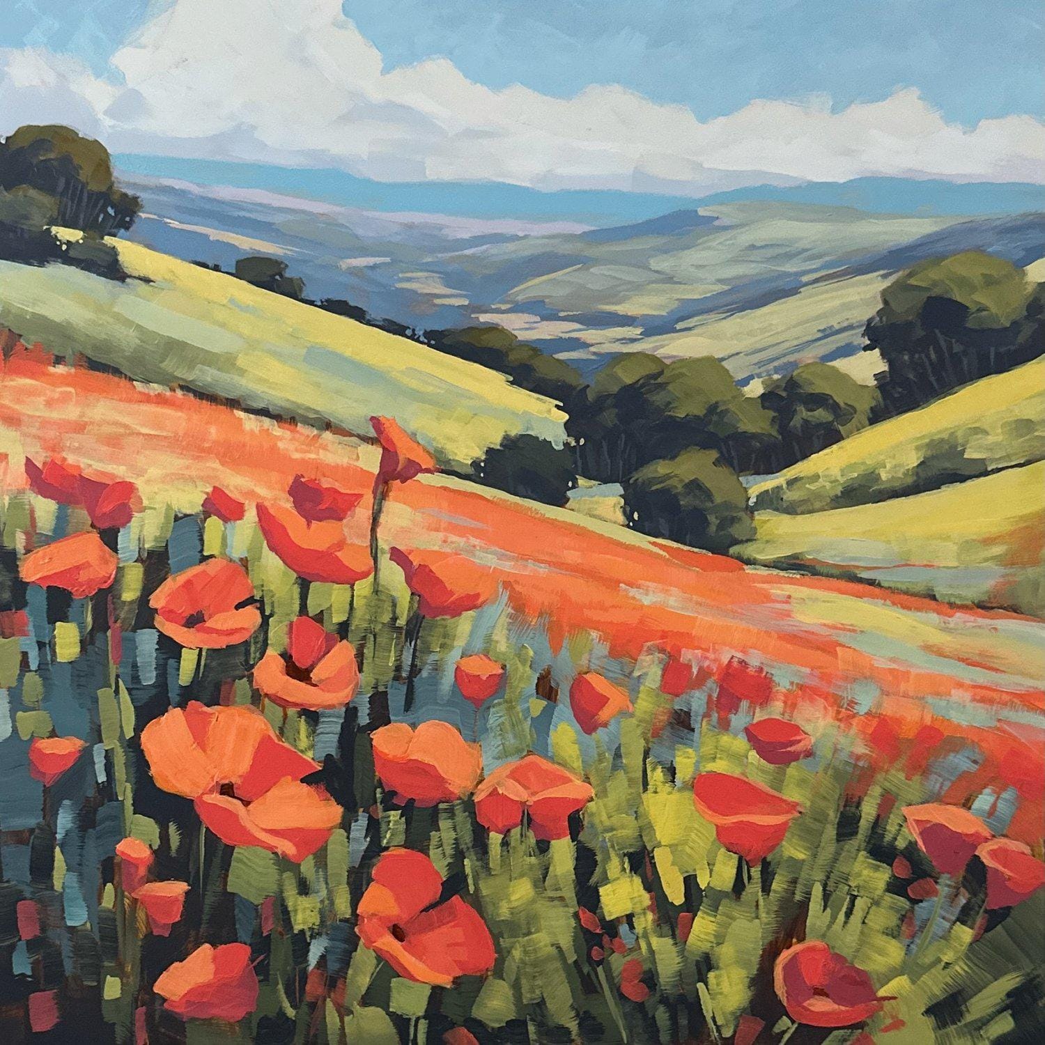 California Poppies | Square Landscape Mounted Print, Wildflowers Field Colorful Landscape Painting | Jim Musil Painter