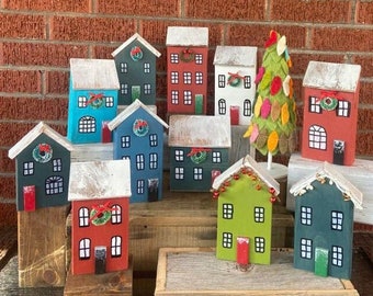 Kerstdorpshuizen, handgemaakt met teruggewonnen hout • Vakantiedecoratie op de boerderij • Feestelijke decoratie • Rustieke kerstdecoratie • Vakantiedecoratie