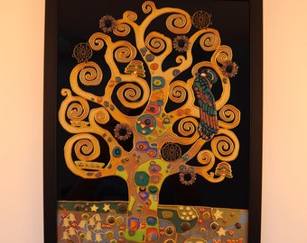 The Tree of Life, Motives from Gustav Klimt, Stained Glass Painting with Jewelry by Mr.Hi!