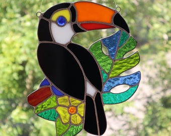 Toucan Bird & Monstera Leaf, Stained Glass Suncatcher by Mr.Hi!