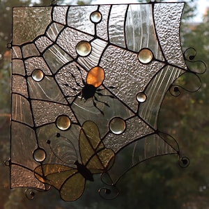 Spider Web Corner with Spider and Butterfly, Large Stained Glass Suncatcher by Mr.Hi!