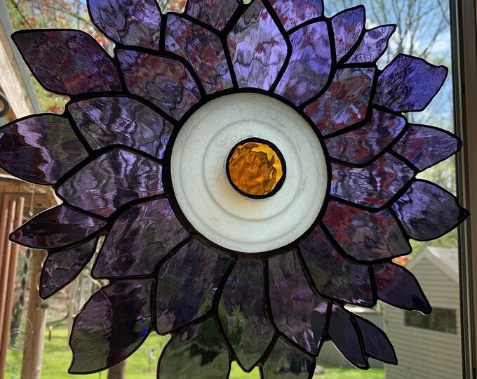 Large Stained Glass Purple Flower Sun Catcher Wall Hanging Etsy