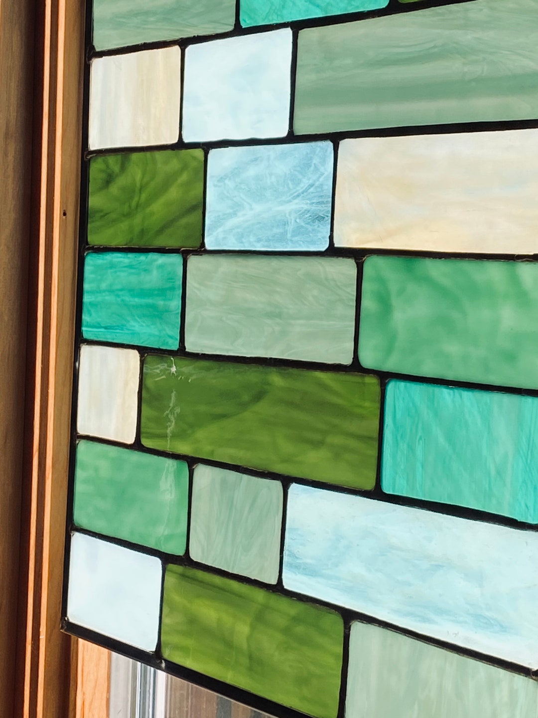 Stained Glass Green Window Panel Abstract Rectangle Window Etsy