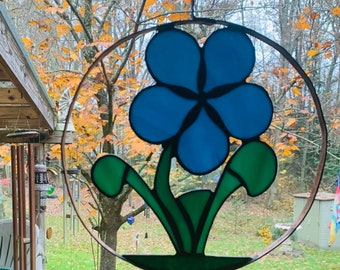 Large stained Glass Blue Flower Suncatcher • hammered copper frame • window hanging • wall hanging • gift