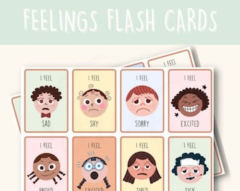 May include: A set of eight colorful flash cards featuring different emotions. Each card has a cartoon face with a different expression and the words "I feel" and the name of the emotion. The emotions included are sad, shy, sorry, excited, proud, tired, and sick.