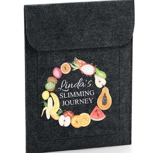 Personalised Slimming Weight Loss Journey Pouch, Weigh Day Folder, Charcoal Felt Holder Fruit Design