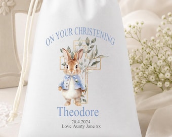 Personalised Christening Rosary Bag Boy | Bunny Baptism Gift Pouch | Custom Communion Keepsake Bag | Religious Gift for Boys