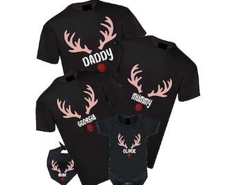 Personalized Family Christmas T-Shirt Set: Rose Gold Reindeer Antlers & Pet Bandana