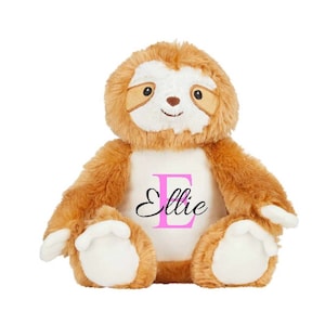 Preguiça personalizada inicial e nome Teddy, pelúcia macia, presente personalizado, pelúcia personalizável, brinquedo de preguiça macio, bebê novo, batizado, aniversário