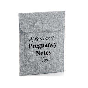 May include: Gray felt folder with the text "Eloise's Pregnancy Notes" and two intertwined hearts.