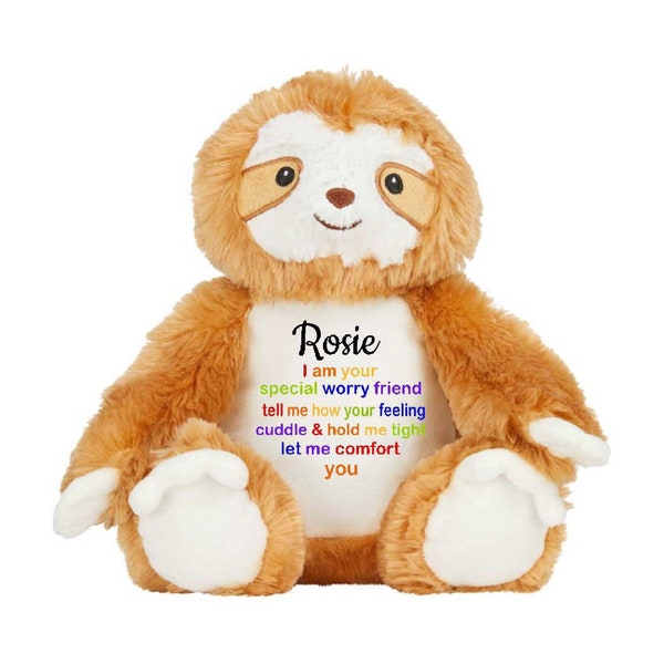 Personalised Sloth Worry Bear, Soft Plush Sloth Stress & Anxiety Relief ,ADHD, Autism Fidget