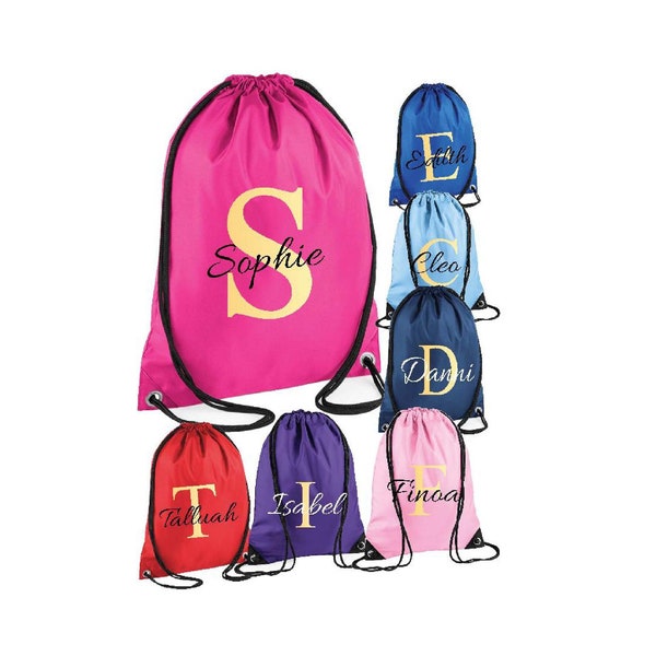 Personalised Monogram Initial & Script Name Drawstring Bag, School Bag, Sports Club, PE Bag, Custom Name, Children's Sports Girls Swim Bag