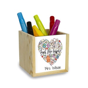 Personalised Teacher Pen Pot, Teach Love Inspire  Wooden Custom Teacher Pencil Pot , TA Gift, Teacher Thank You Present, Teacher Desk Tidy