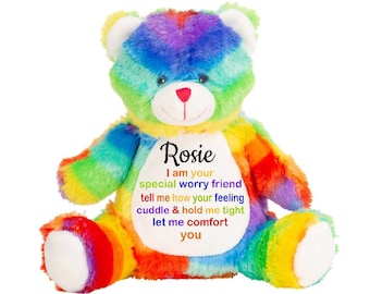 Personalised Rainbow Worry Bear, Soft Plush Bear Stress & Anxiety Relief ,ADHD, Autism Fidget