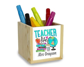 Pot à stylos personnalisé pour professeur : Rangement de bureau en bois, Teacher Life Design