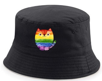 Rainbow Cat Bucket Hat, Pride Cat Hat, Kawaii Pride Cat, LGBT Pride Cotton Hat, Rainbow Heart  Hat , Pride Week, Pride Month. LGBTQ Hat