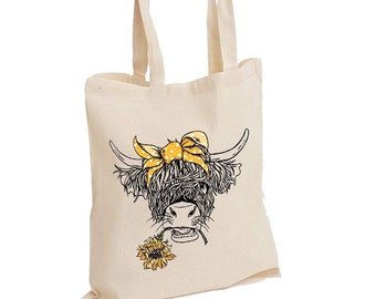 Highland Longhorn Cow With Sunflowers Tote Bag, Highland Cow Bag,Country Bag, Farm Life Shirt Bag, Animal lover