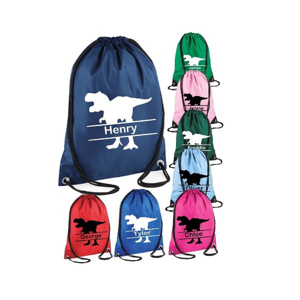 Personalised Name and Split Dinosaur T-rex Drawstring Bag, School Bag, Sports Club, PE Bag, Custom Name, Children's College Sports Swim Bag