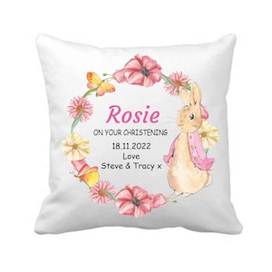 Personalised Christening Cushion, Baby Girl, Custom Christening Gift, Present,Christening Keepsake,Baptism Present, Rabbit