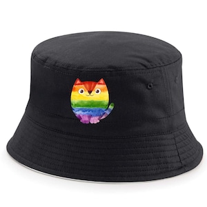 Rainbow Cat Bucket Hat, Pride Cat Hat, Kawaii Pride Cat, LGBT Pride Cotton Hat, Rainbow Heart  Hat , Pride Week, Pride Month. LGBTQ Hat