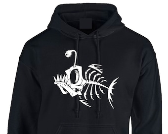 Skelettfisch Hoodie Ausgefallenes Anglerschädel Design Hoody