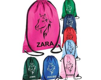 Personalized Horse Silhouette Drawstring Bag: Custom Name School Bag