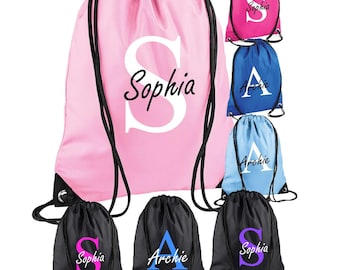 Personalised Drawstring Bag with Monogrammed Initial and Name, PE Bag, Gym, Swimming Bag, Customisable Bag for Nursery and Primary School