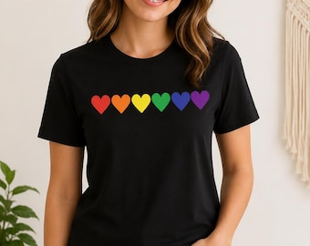 Rainbow Heart T-Shirt – Pride Hearts Tee – LGBTQ Rainbow Shirt – Cute Minimalist Heart Top – Unisex Pride Clothing – Equality Gift