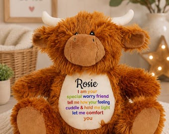 Personalised Highland Cow Worry Friend Teddy, Children's Anxiety Comfort Soft Toy, Custom Name Plush Gift, Emotional Support Teddy