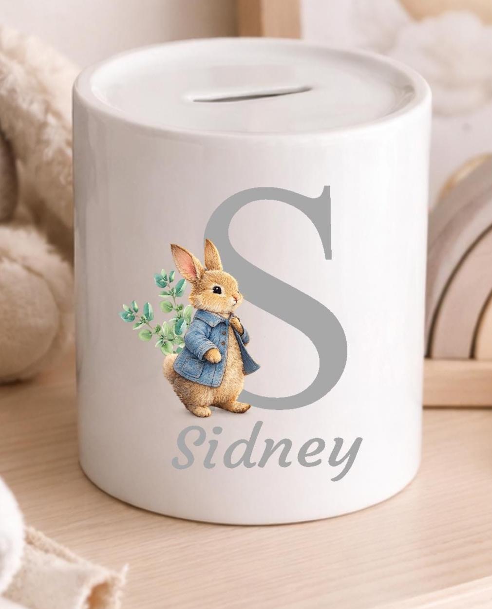 Sooty Rabbit Money Box Personalised Blue Bunny Rabbit Money Box, Custom Baby Name Piggy Bank ...