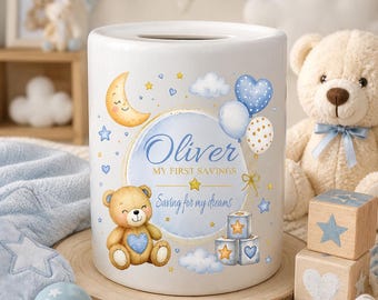 Personalised Baby Money Box | Teddy Bear Savings Bank | New Baby Gift | Christening Gift | Baby Shower Present | Nursery Keepsake