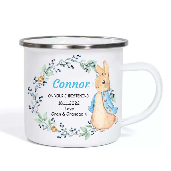 Personalised Christening Enamel Mug , Baby Boy, Custom Christening Gift, Present,Christening Keepsake,Baptism Present, Rabbit