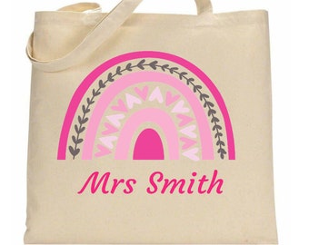 Sac de remerciement PERSONNALISÉ pour professeur, arc-en-ciel rose, sac fourre-tout en coton cadeau scolaire