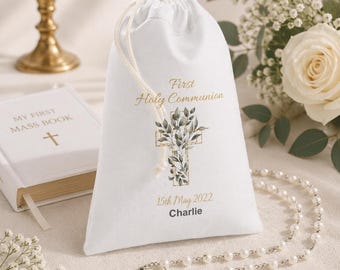 Personalisierte erste heilige Kommunion Rosenkranz Tasche | Jungen Mädchen Kommunion Geschenk | Benutzerdefinierte Name & Datum Andenken | Katholischer Geschenkbeutel