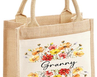 Personalized Floral Jute Tote Bag – Custom Wildflower Name Gift
