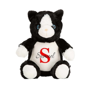 Personalised Cat, Initial & Name Teddy, Soft Plushy, Personalised gift, Customisable Teddy, Black White Cat Soft Toy,New Baby, Christening