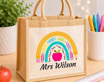 Personalized Teacher Tote Bag: Jute & Cotton Rainbow Gift