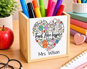 Portapenne personalizzato per insegnanti, organizer da scrivania con la scritta "Teach Love Inspire", regalo di ringraziamento per insegnanti, portamatite personalizzato, regalo di fine trimestre.