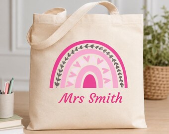 Personalised Teacher Tote Bag | Pink Rainbow Teacher Gift | End of Term Teacher Present | Nursery Teacher Thank You Gift | Shopping Bag