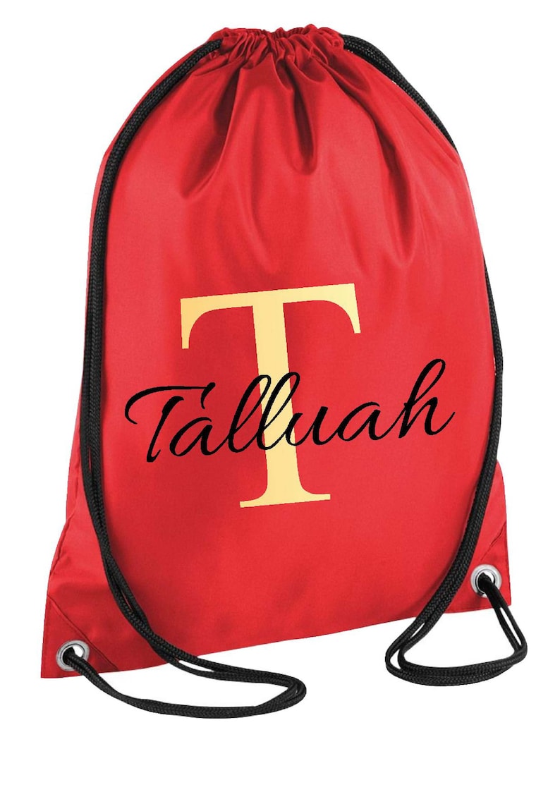 drawstring waterproof bag in red colour with a gold monogram letter and script name