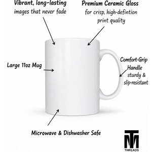 May include: A white 11oz ceramic mug with a glossy finish and a side handle. Text labels indicate features: vibrant long-lasting images, premium ceramic gloss, comfort-grip handle, and microwave and dishwasher safe. A logo for TM Threads is present.