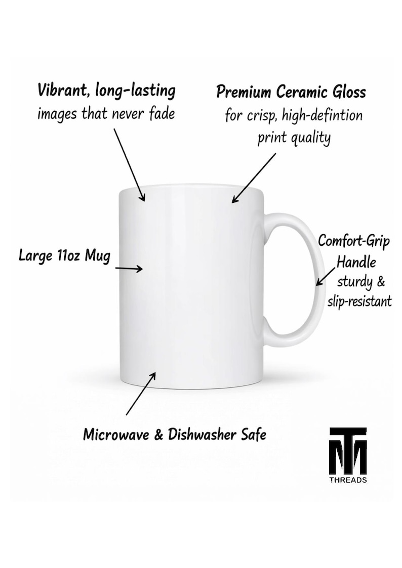 May include: A white 11oz ceramic mug with a glossy finish and a side handle. Text labels indicate features: vibrant long-lasting images, premium ceramic gloss, comfort-grip handle, and microwave and dishwasher safe. A logo for TM Threads is present.