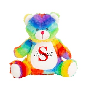 Personalisierter Regenbogen Bär Initial & Name Teddy, weich plüschig, personalisiertes Geschenk, anpassbarer Teddy, Stofftier, neues Baby, Taufe, Geburtstag