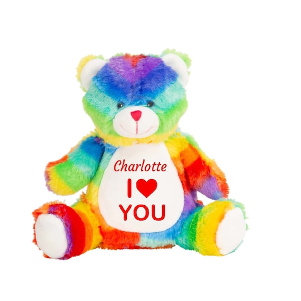 Personalised  Valentine rainbow bear, I Love  Teddy, Soft Teddy Bear Plush, Personalised gift Primary Coloured Bear, Gift, Valentine's Day